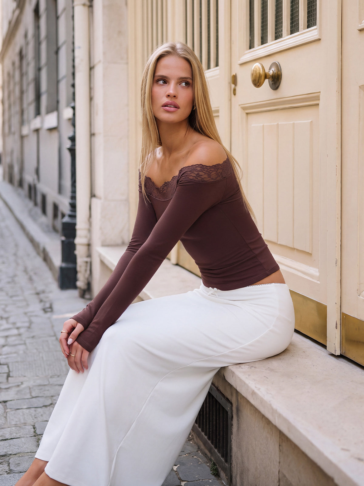 Lace Trim Off Shoulder Long Sleeve Double Lined Slim Fit Top