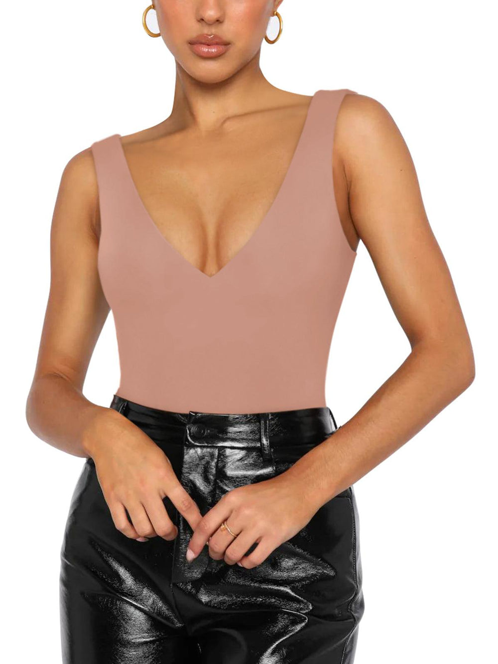 Plunge Deep V Neck Sleeveless V Backless Bodysuits Tops - REORIA