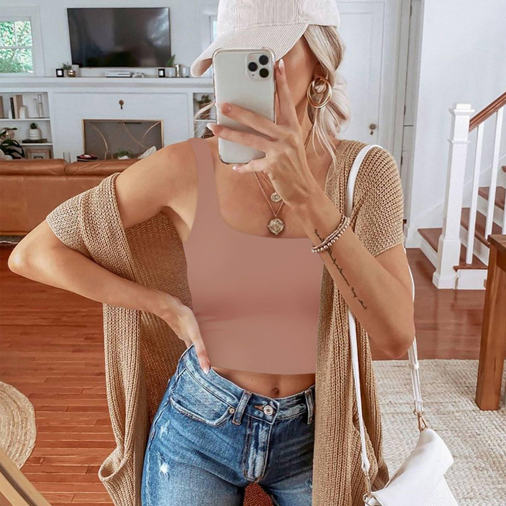 Square Neck Seamless Sleeveless Crop Tops - REORIA