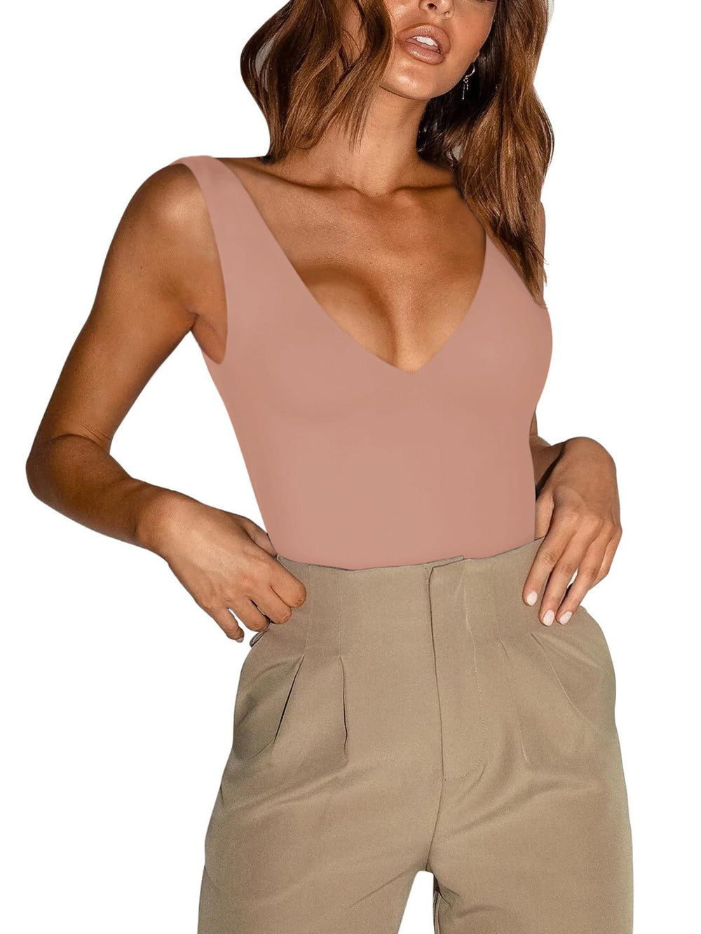 Plunge Deep V Neck Sleeveless V Backless Bodysuits Tops - REORIA