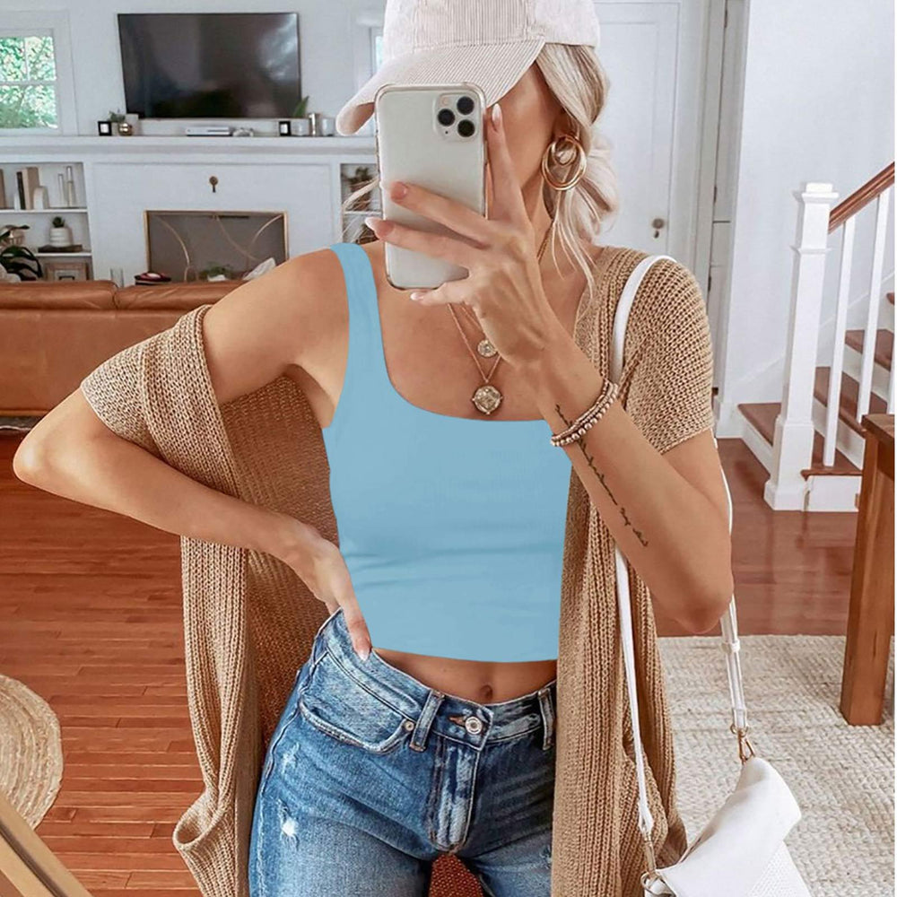 Square Neck Seamless Sleeveless Crop Tops - REORIA