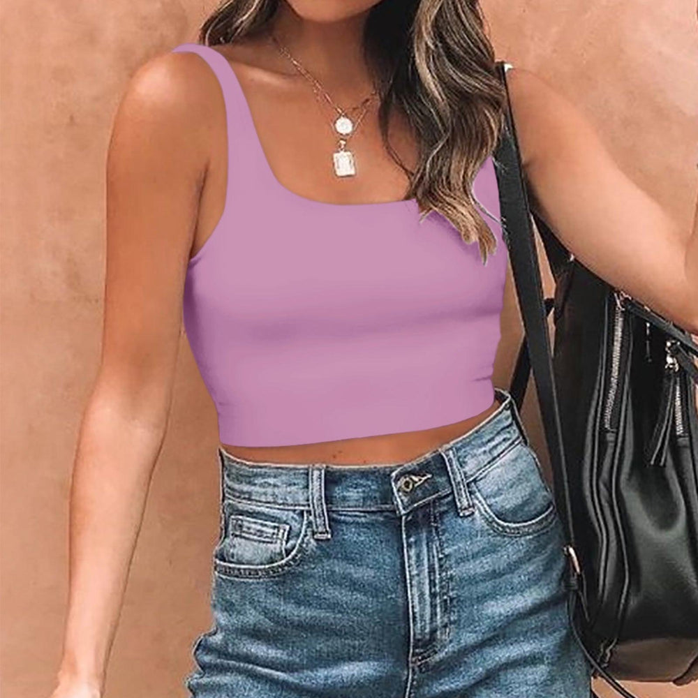 Square Neck Seamless Sleeveless Crop Tops - REORIA