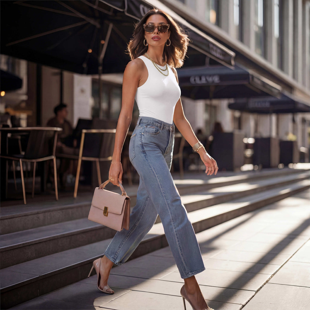 Sleeveless Racer Back Halter Neck Bodysuit Tank Tops