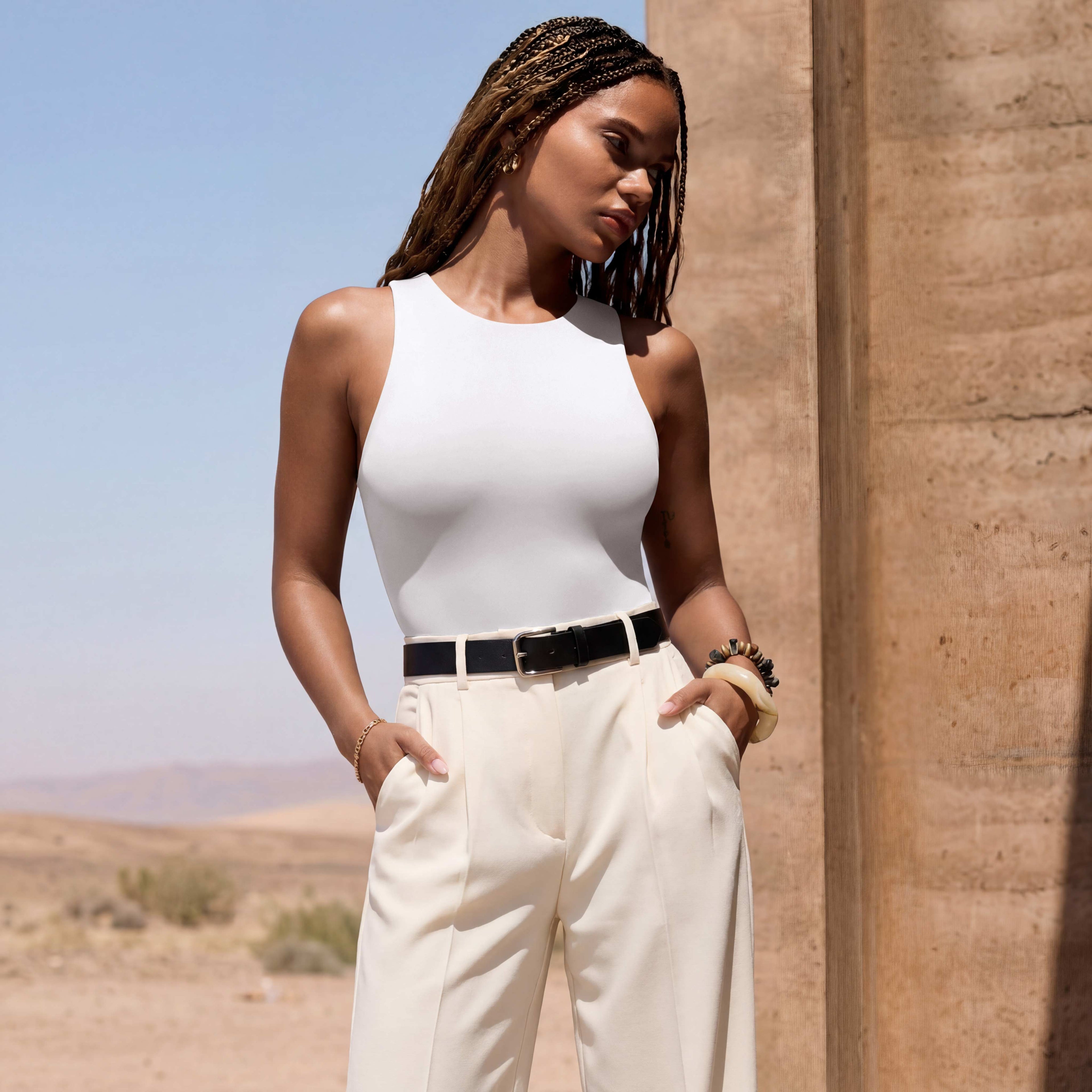 Sleeveless Racer Back Halter Neck Bodysuit Tank Tops
