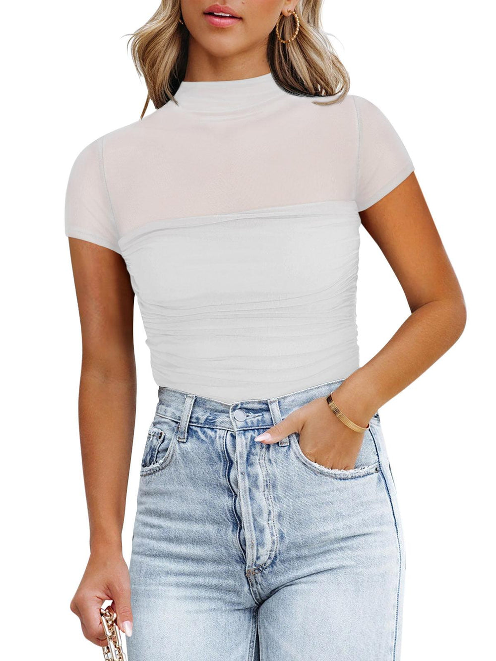 Veiled Allure High Neck Bodysuits Tops - REORIA