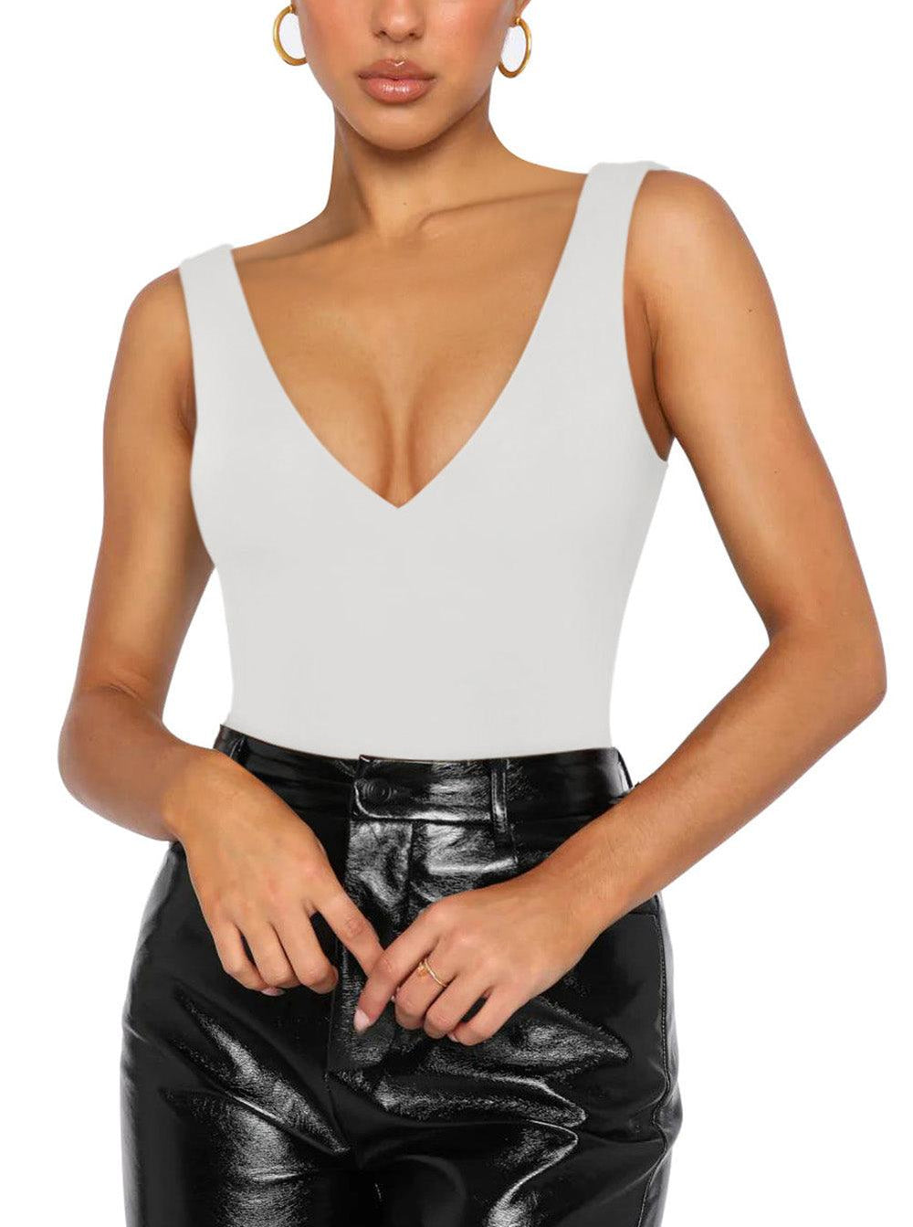 Plunge Deep V Neck Sleeveless V Backless Bodysuits Tops - REORIA