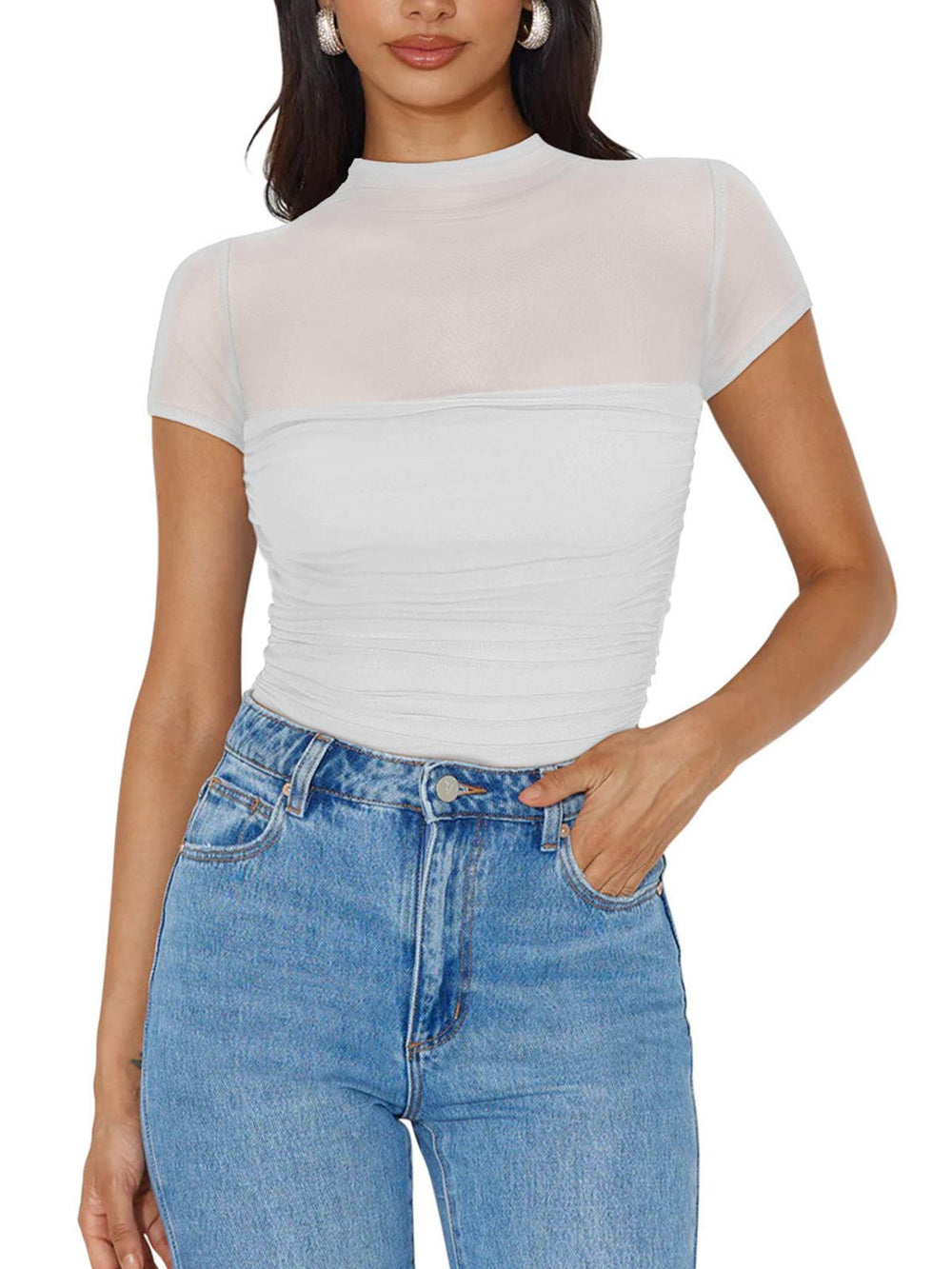 Veiled Allure High Neck Bodysuits Tops - REORIA