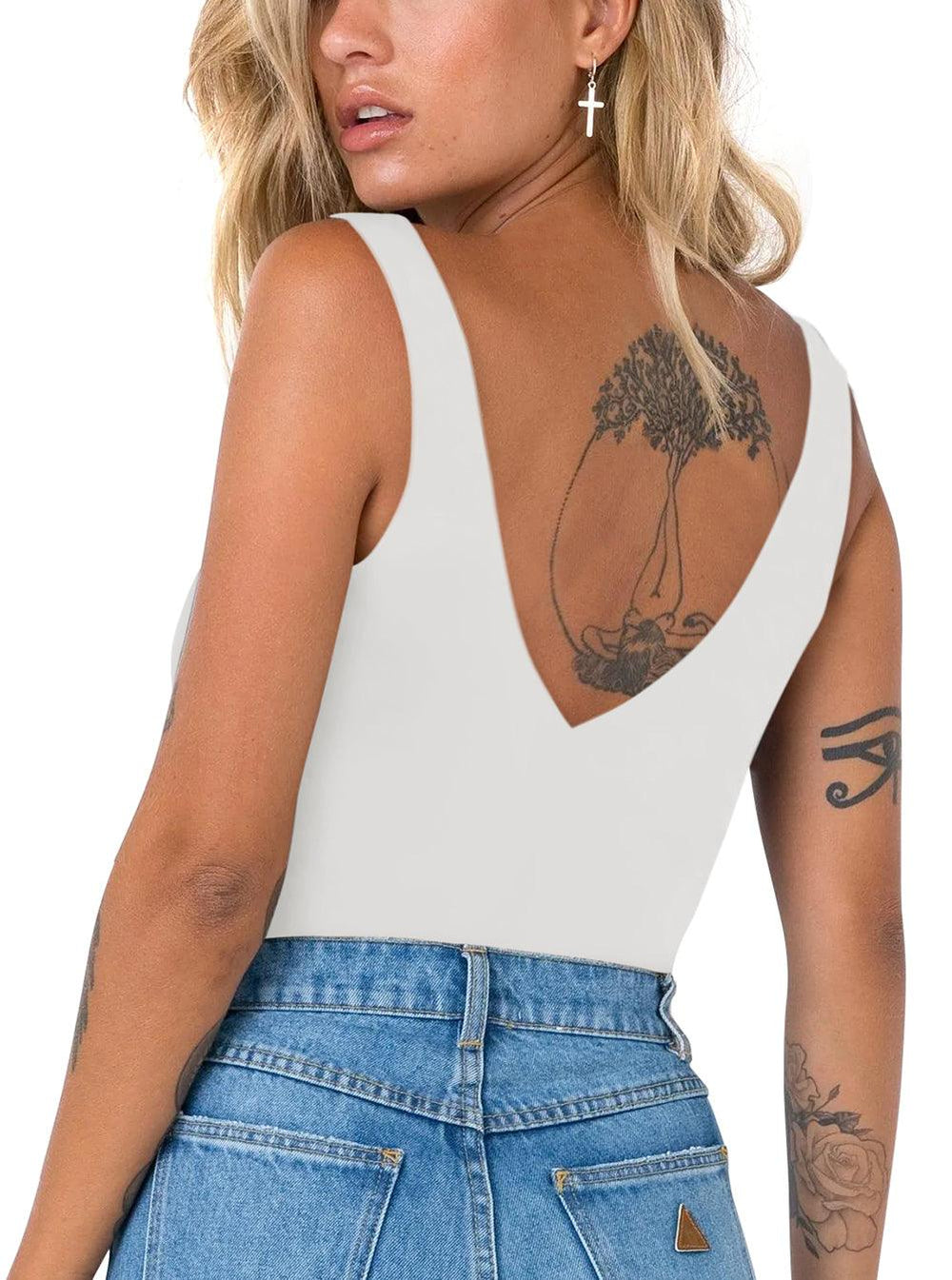 Plunge Deep V Neck Sleeveless V Backless Bodysuits Tops - REORIA
