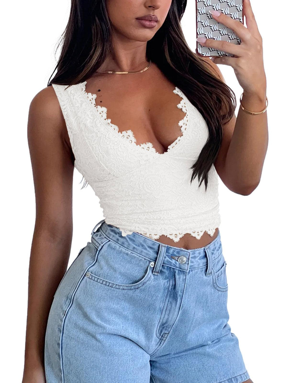 Midnight Elegance Lace V-Neck Crop Top - REORIA