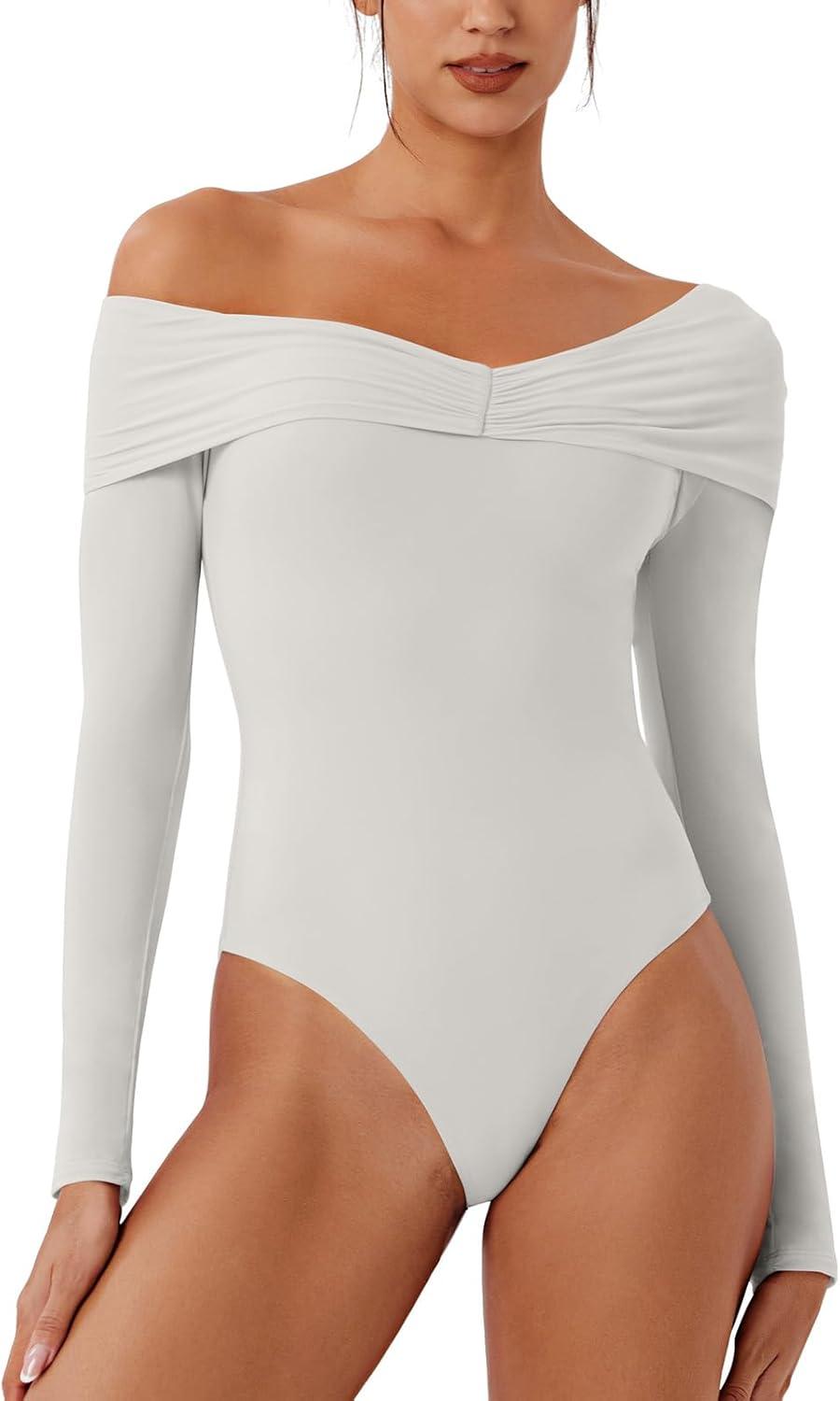 Alluring Asymmetrical Off - Shoulder Ruched Bodysuit - REORIA - B0DD3TSDXV