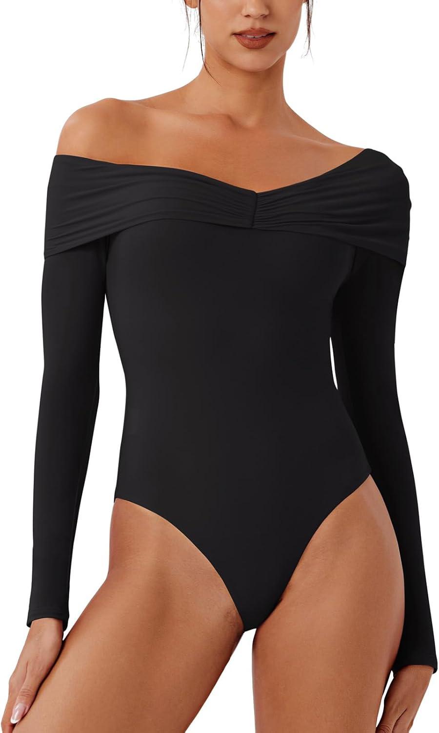 Alluring Asymmetrical Off - Shoulder Ruched Bodysuit - REORIA - B0DD3SD768