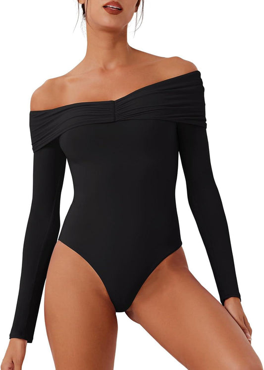 Alluring Asymmetrical Off - Shoulder Ruched Bodysuit - REORIA - B0DD3T9W9P