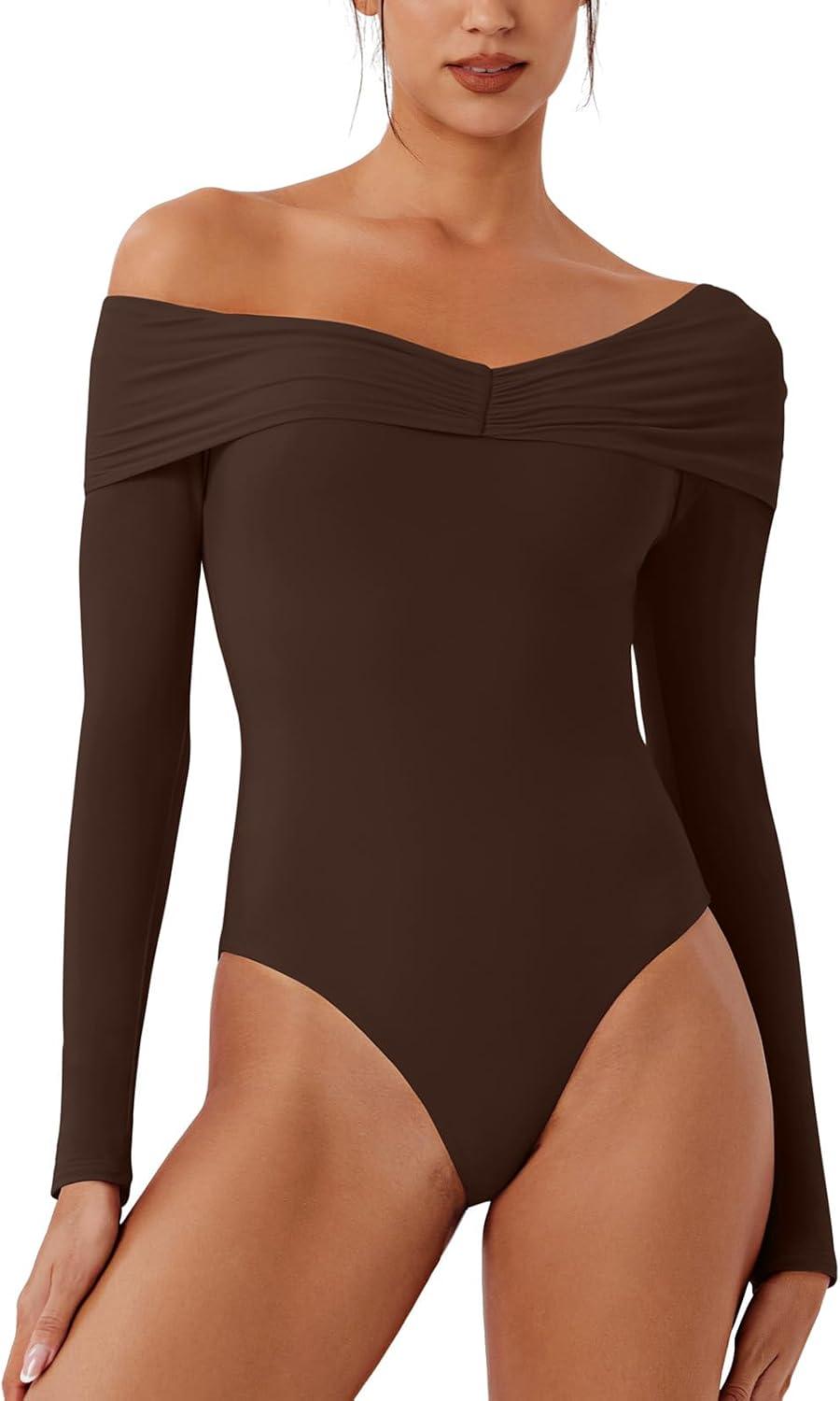 Alluring Asymmetrical Off - Shoulder Ruched Bodysuit - REORIA - B0DD3SVKM4