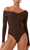Alluring Asymmetrical Off - Shoulder Ruched Bodysuit - REORIA - B0DD3SVKM4