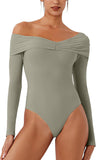 Alluring Asymmetrical Off - Shoulder Ruched Bodysuit - REORIA - B0DD3SFYP7