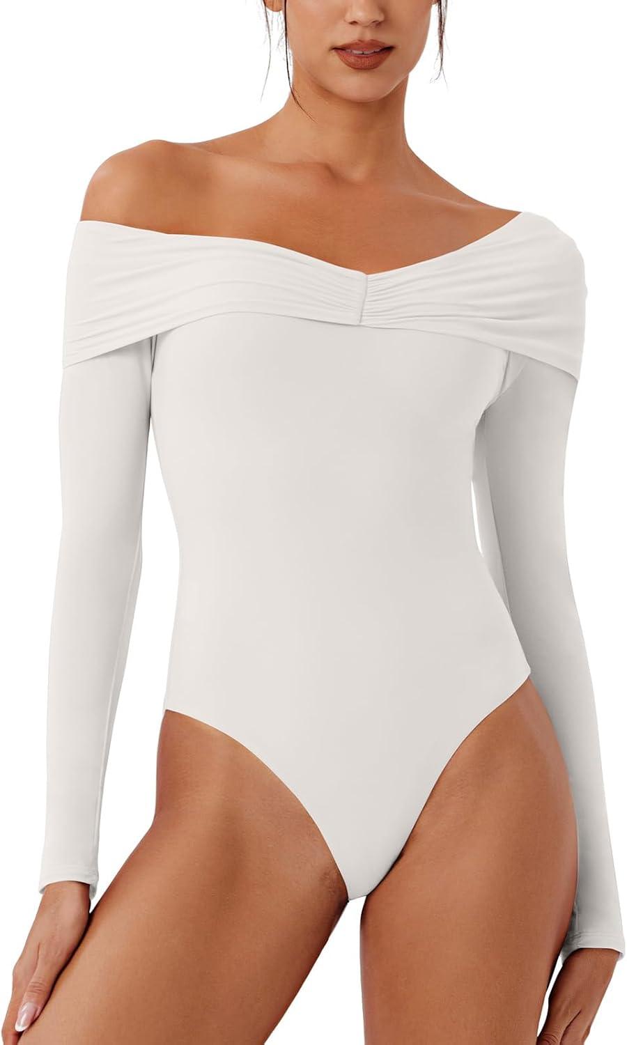 Alluring Asymmetrical Off - Shoulder Ruched Bodysuit - REORIA - B0DD3SPXDW