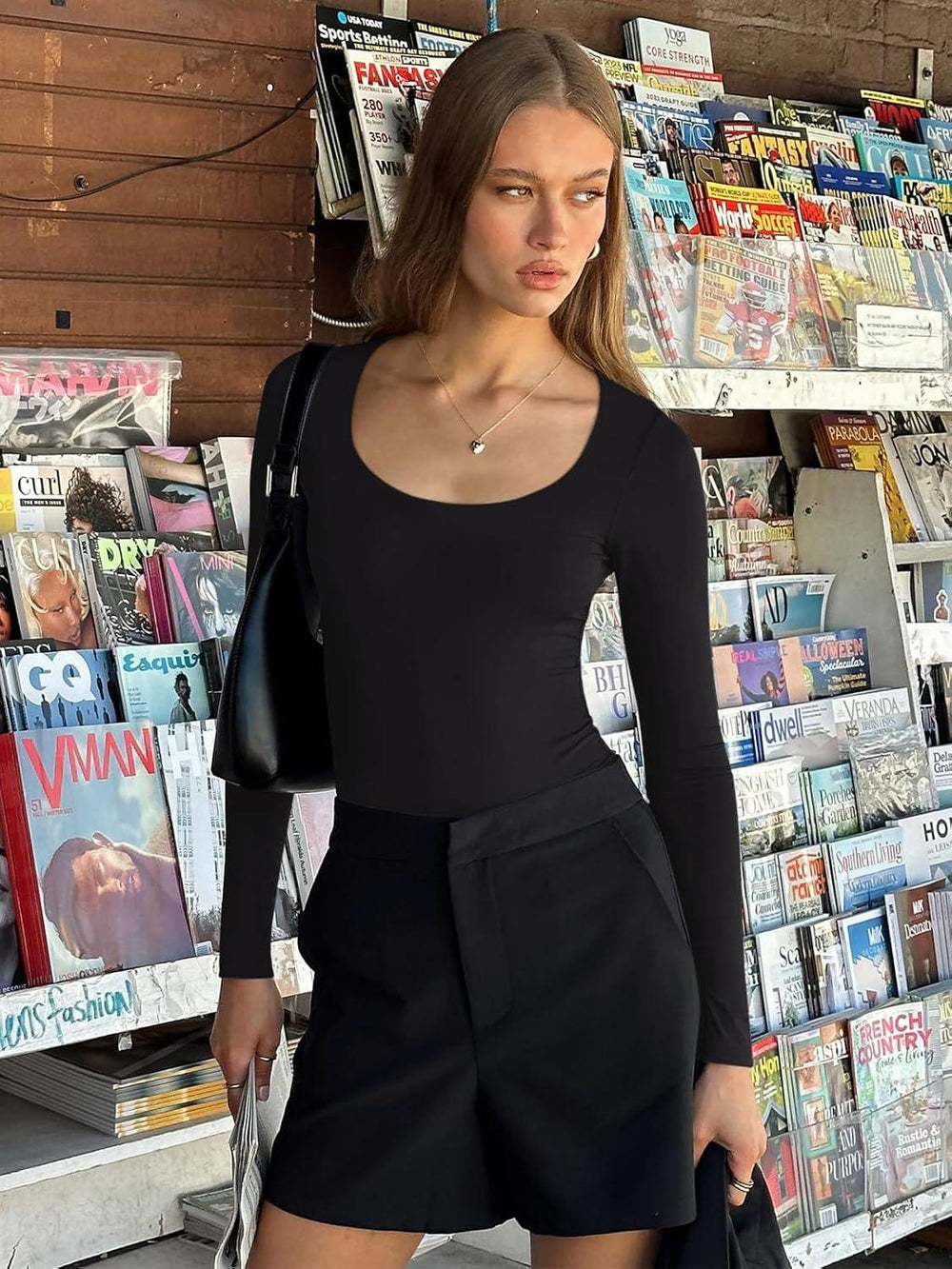 Basic Sexy Scoop Neck Long Sleeve Double Lined Bodysuit - REORIA - B0DBQYKP9P