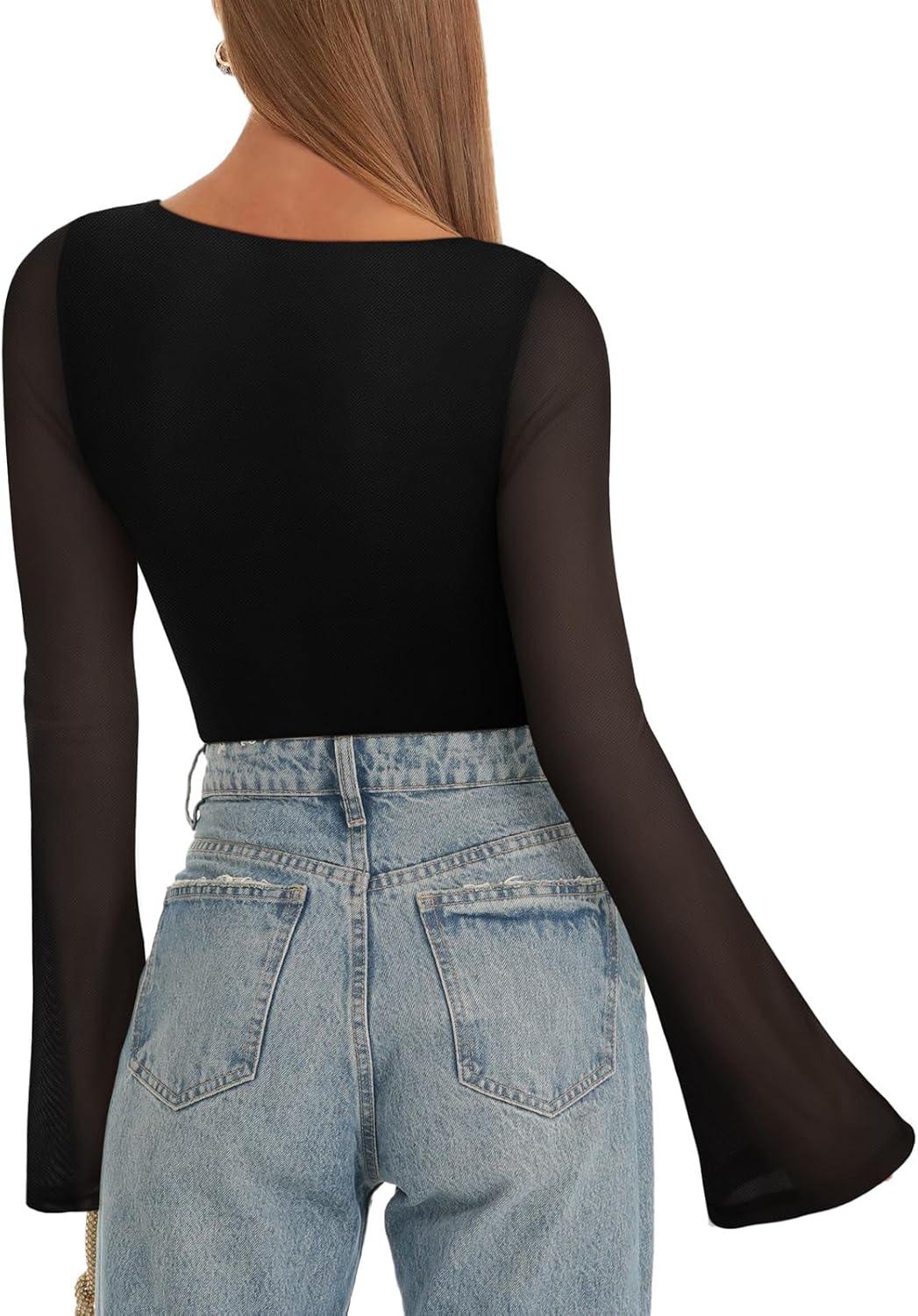 Sheer Mesh Tops For Women Women's Sheer Mesh Bell Sleeve Top - Boat Neck Going Out Shirt Trendy 70s Style Blouse Long Sleeve Going Out Top