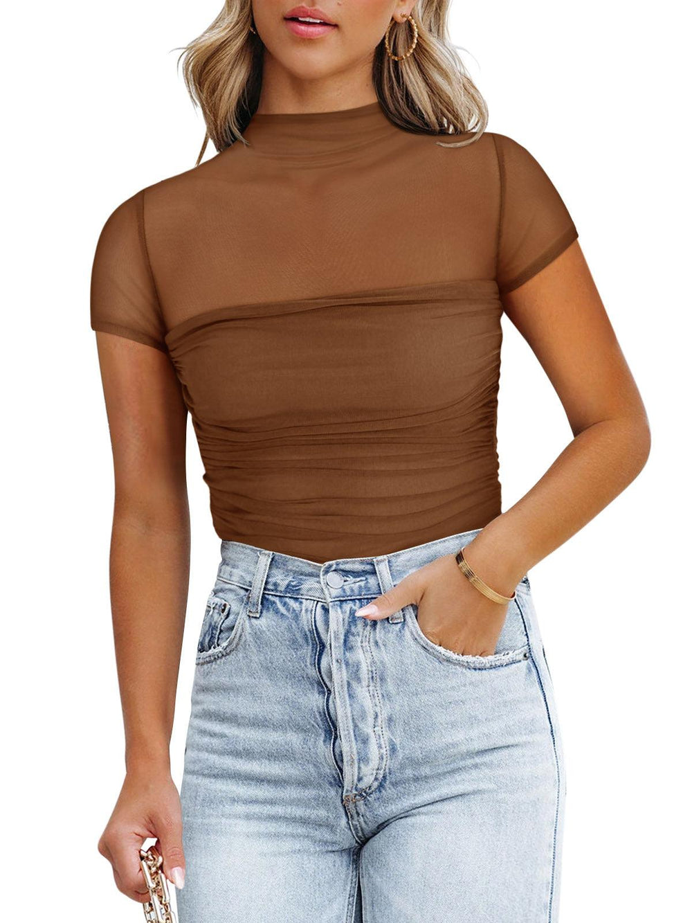 Veiled Allure High Neck Bodysuits Tops - REORIA