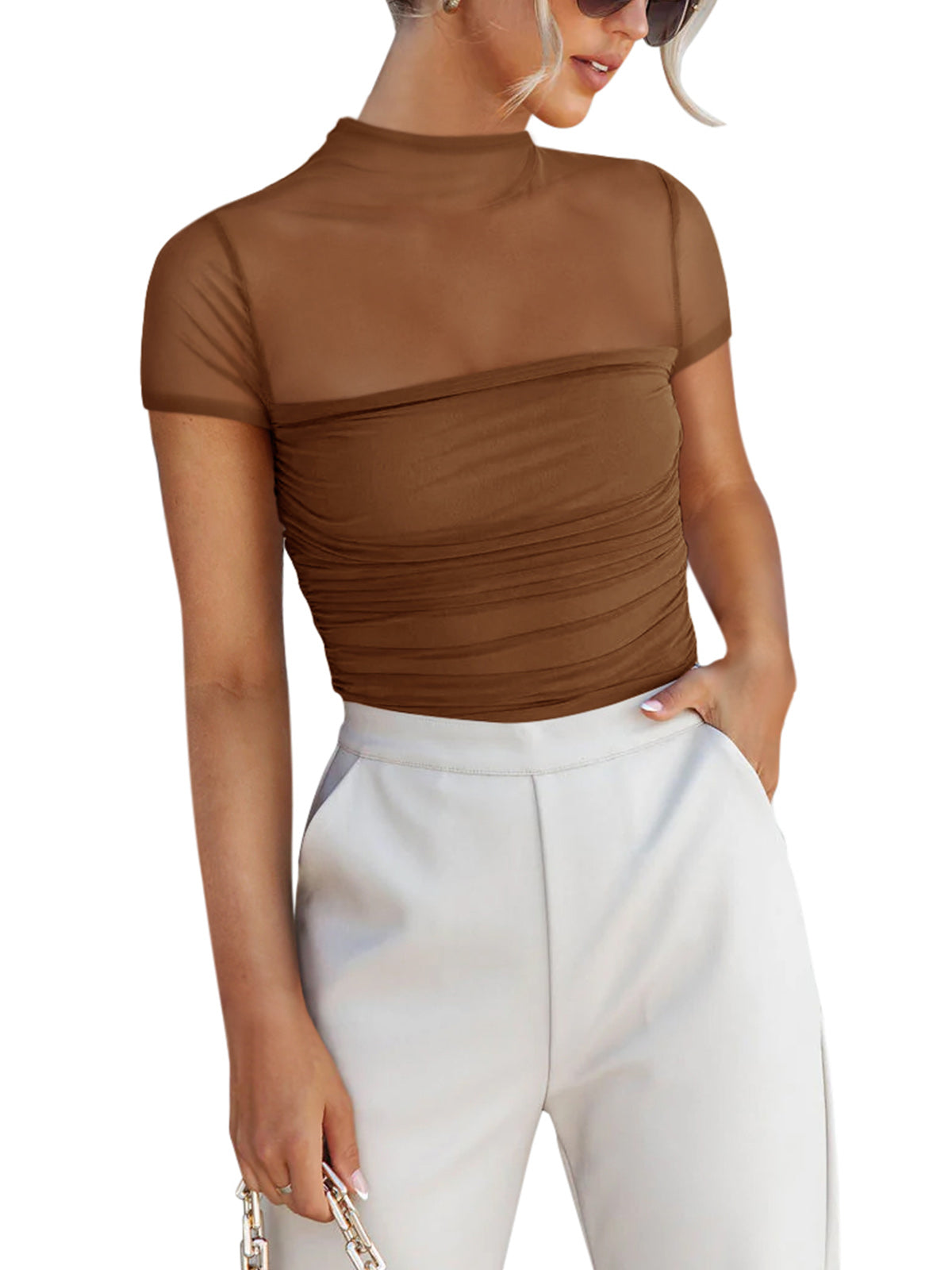 Veiled Allure High Neck Bodysuits Tops - REORIA