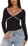 Crisscross Lace V - Neck Slim - Fit Long Sleeve Top - REORIA - B0DGXWH195